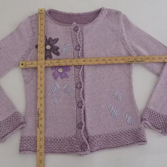 Vintage Lavender w Purple Floral Knit Button Up Cardigan Sweater M - Picture 4 of 11